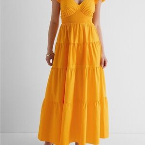 🧡 Express V-Neck Flutter Sleeve Tiered Poplin Maxi Dress - Size: Small